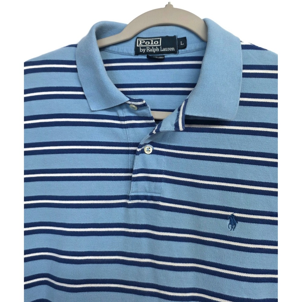 Polo Ralph Lauren Mens Large Blue Striped Cotton Pique Short Sleeve Polo Shirt